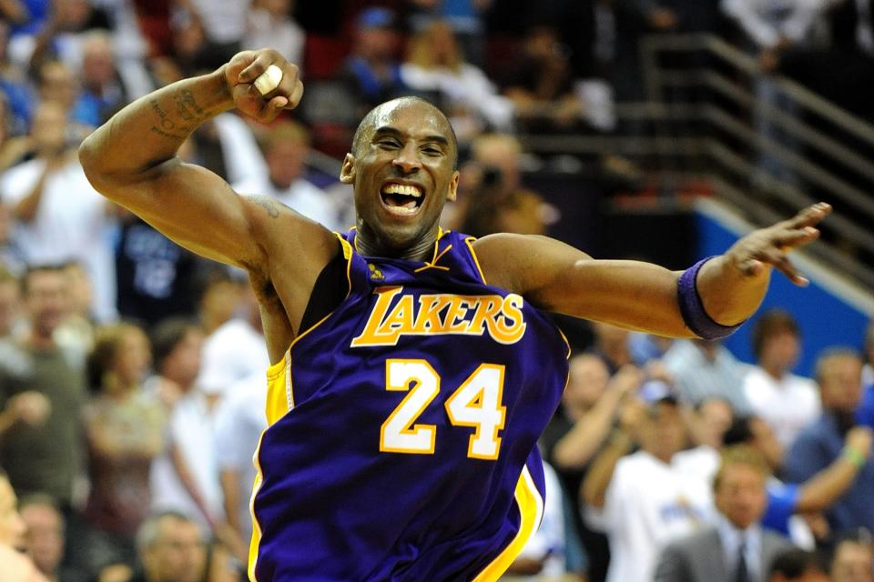 Kobe Bryant celebrating a victory.