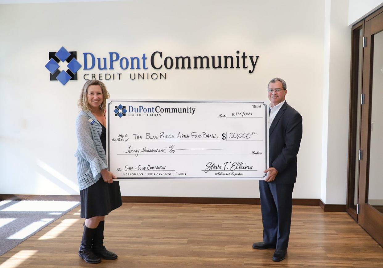 As a result of its Shop & Give campaign, DuPont Community Credit Union was able to donate $20,000 to Blue Ridge Area Food Bank, which will help them provide over 80,000 meals for families in need.