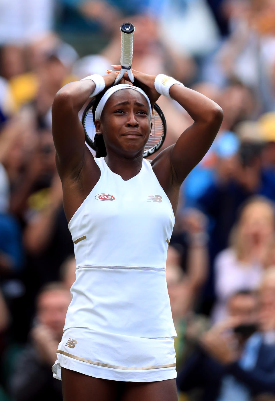 Cori Gauff celebrates her win against Venus Williams on day one of the Wimbledon Championships at the All England Lawn Tennis and Croquet Club, Wimbledon.