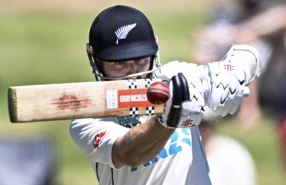 New Zealand's Kane Williamson bats against South Africa during day 1 of their cricket test match in Mount Maunganui, New Zealand, Sunday Feb 4, 2024. (Andrew Cornaga/Photosport via AP)