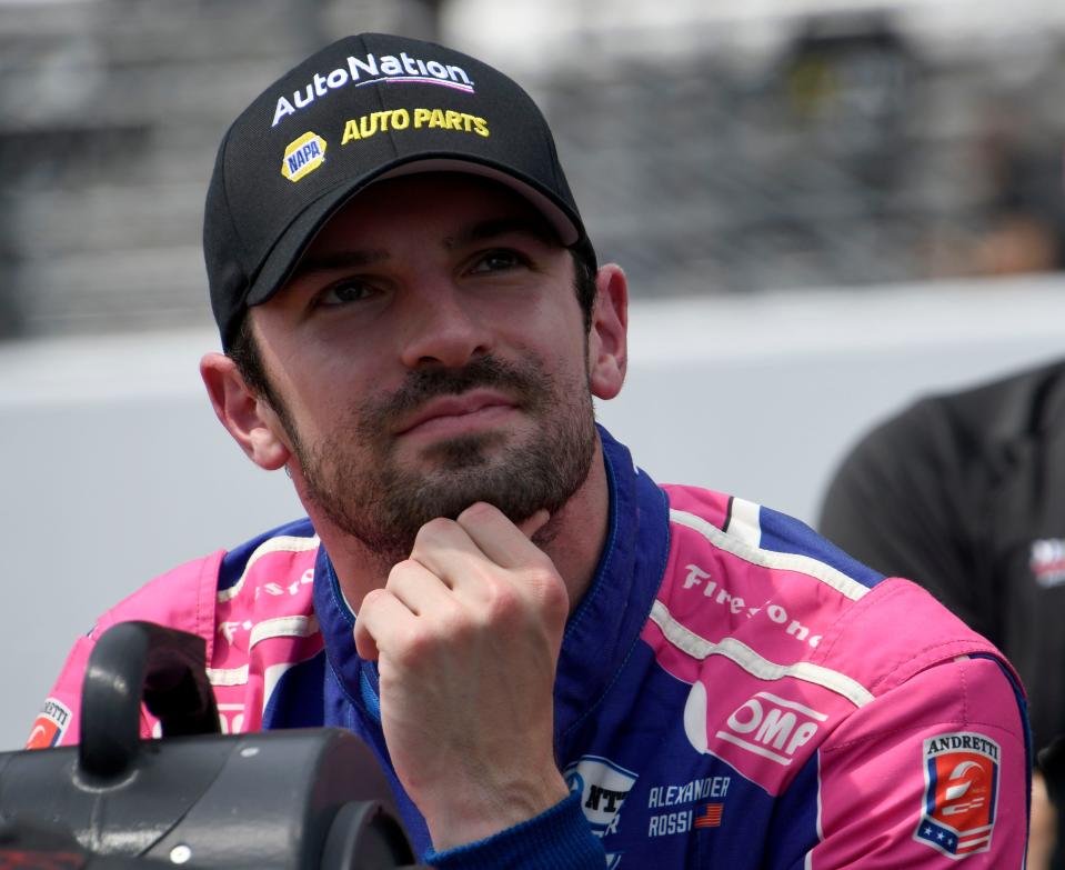 Alexander Rossi (27) looks down pit lane Saturday, May 21, 2022, during the first day of Indy 500 qualifying.