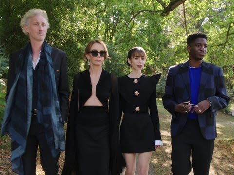 luc, sylvie, emily, and julien wearing black outfits on emily in paris season three episode eight