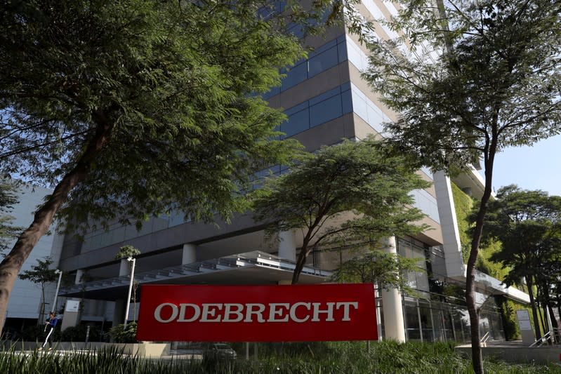 The corporate logo of the Odebrecht SA construction conglomerate is pictured at its headquarters in Sao Paulo