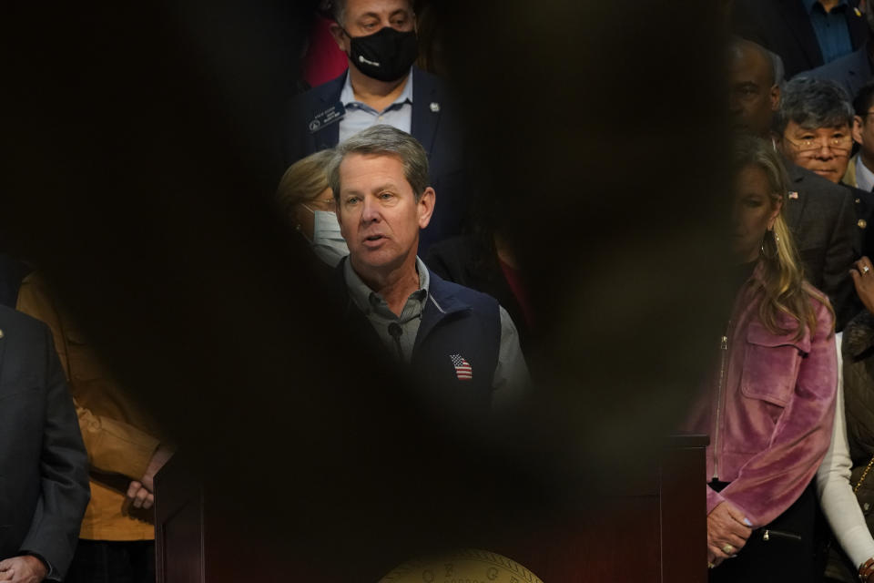 Georgia Gov. Brian Kemp speaks during a news conference at the State Capitol on Saturday, April 3, 2021, in Atlanta, about Major League Baseball's decision to pull the 2021 All-Star Game from Atlanta over the league's objection to a new Georgia voting law. (AP Photo/Brynn Anderson)