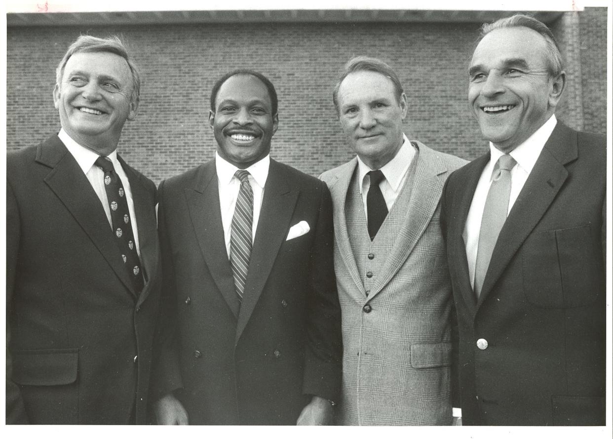 Ohio State Heisman Trophy winners Les Horvath, Archie Griffin, Howard "Hopalong" Cassady and Vic Janowicz pose for a photo in 1985.