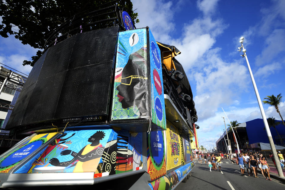 A sound truck popularly known as an electric trio sits parked on an avenue during Carnival festivities, in Salvador, Bahia state, Brazil, Sunday, Feb. 4, 2024. During Carnival this year, as many as 70 electric trios will plod through the swarming crowds each day of the pre-Lenten festivities. (AP Photo/Eraldo Peres)