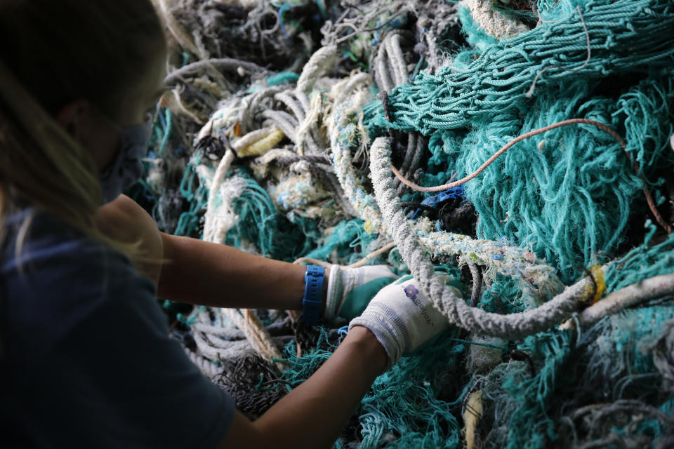 Raquel Corniuk, a research technician at Hawaii Pacific University's Center for Marine Debris Research, pulls apart a massive entanglement of ghost nets on Wednesday, May 12, 2021 in Kaneohe, Hawaii. Researchers are conducting a study that is attempting to trace derelict fishing gear that washes ashore in Hawaii back to the manufacturers and fisheries that it came from. (AP Photo/Caleb Jones)