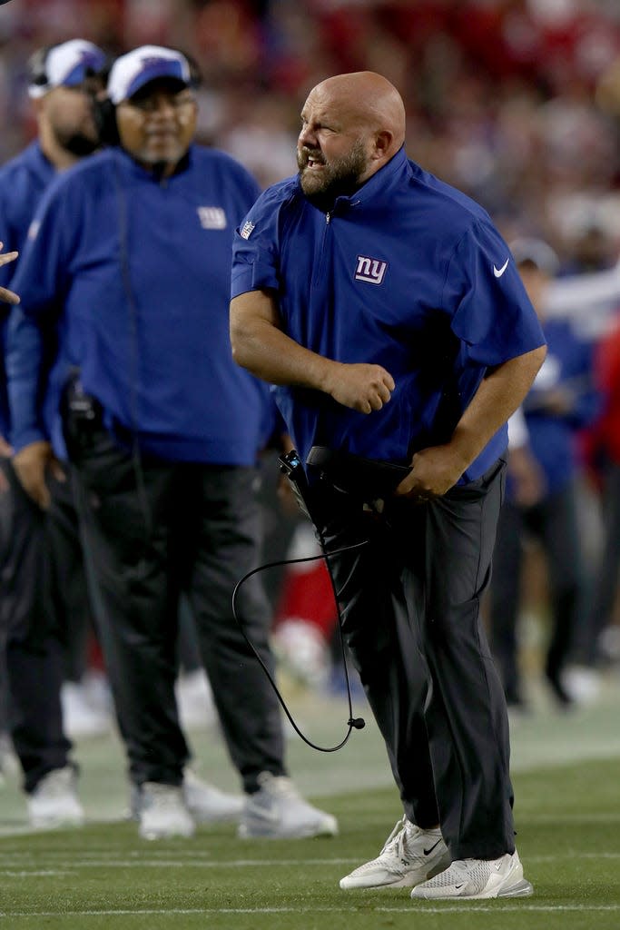New York Giants head coach Brian Daboll reacts on the sideline during an NFL football game against the San Francisco 49ers, Thursday, Sept. 21, 2023, in Santa Clara, Calif. (AP Photo/Scot Tucker)