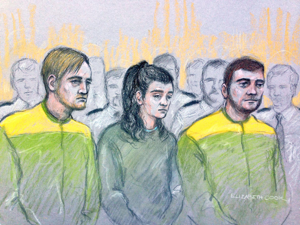 <em>Zak Bolland, Courtney Brierley and David Worrall pictured in a court sketch from the trial in December (PA)</em>