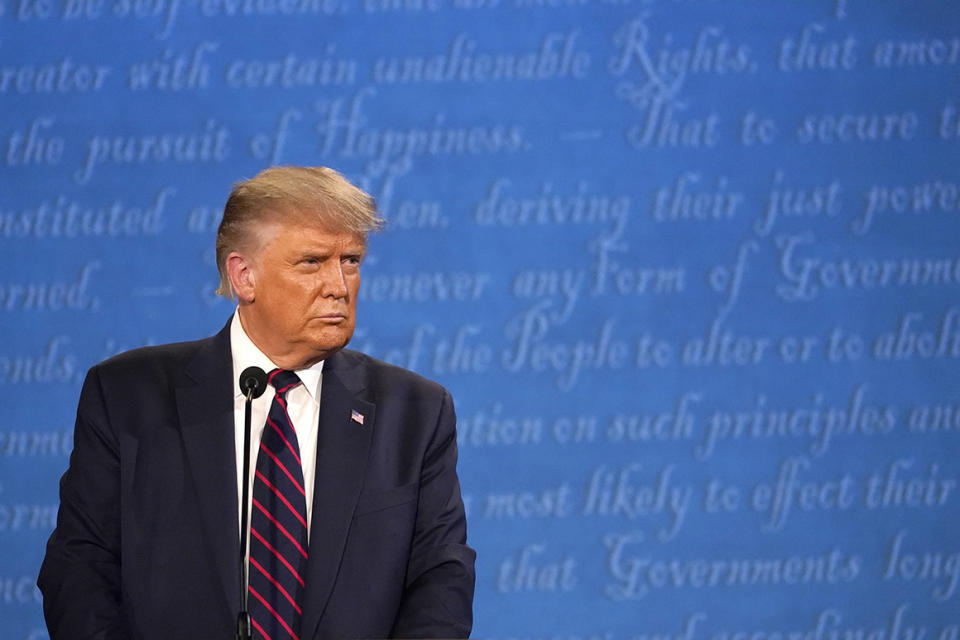 President Donald Trump speaks during the first presidential debate Tuesday, Sept. 29, 2020, at Case Western University and Cleveland Clinic, in Cleveland, Ohio. (AP Photo/Julio Cortez)