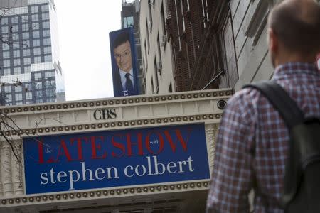 The marquee for "The Late Show with Stephen Colbert" is seen on the Ed Sullivan Theater in Manhattan, New York, August 21, 2015. Colbert is set to host the show, which was previously presented by David Letterman. REUTERS/Andrew Kelly