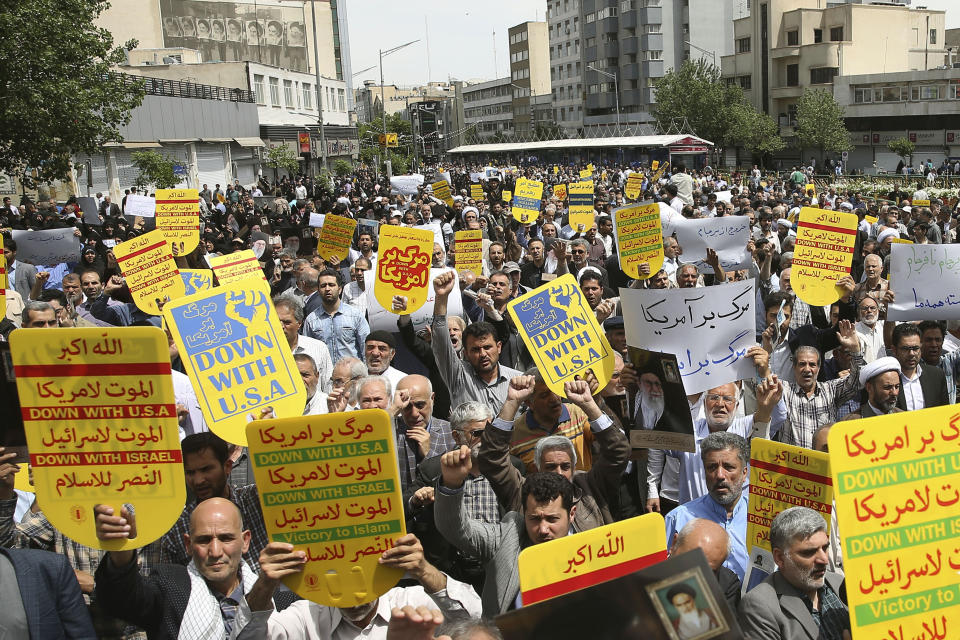 Worshippers chant slogans against the United States and Israel during a rally after Friday prayers in Tehran, Iran, Friday, May 10, 2019. A top commander in Iran's powerful Revolutionary Guard said Friday that Tehran will not talk with the United States, an Iranian news agency reported — a day after President Donald Trump said he'd like Iranian leaders to "call me." (AP Photo/Ebrahim Noroozi)