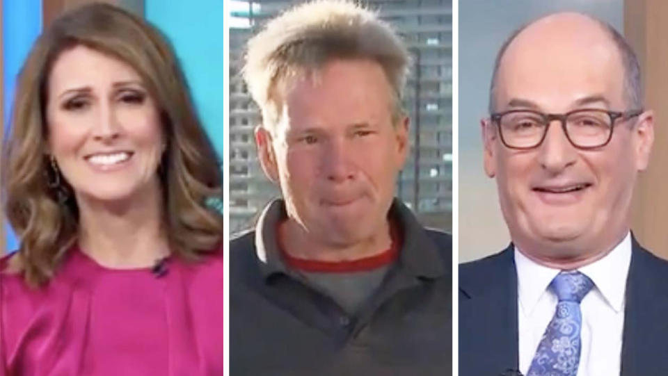 Natalie Barr (pictured left) laughing David Koch (pictured right) surprised and Sam Newman (pictured middle) answering a question.