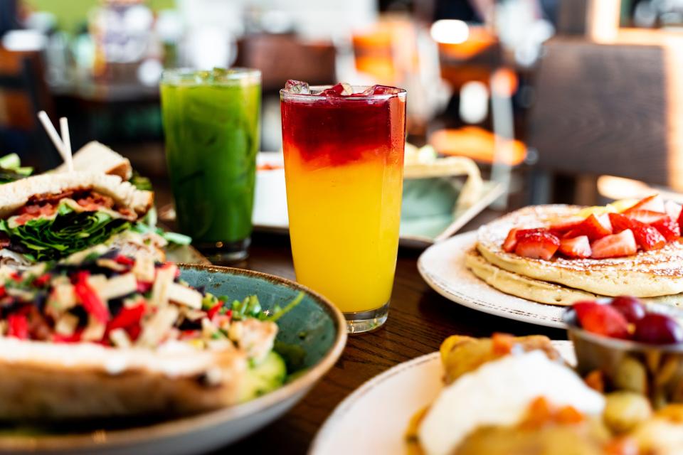 A brunch spread with juice at First Watch, which now has two locations in Montgomery — Zelda Road anhd Eastchase Parkway.