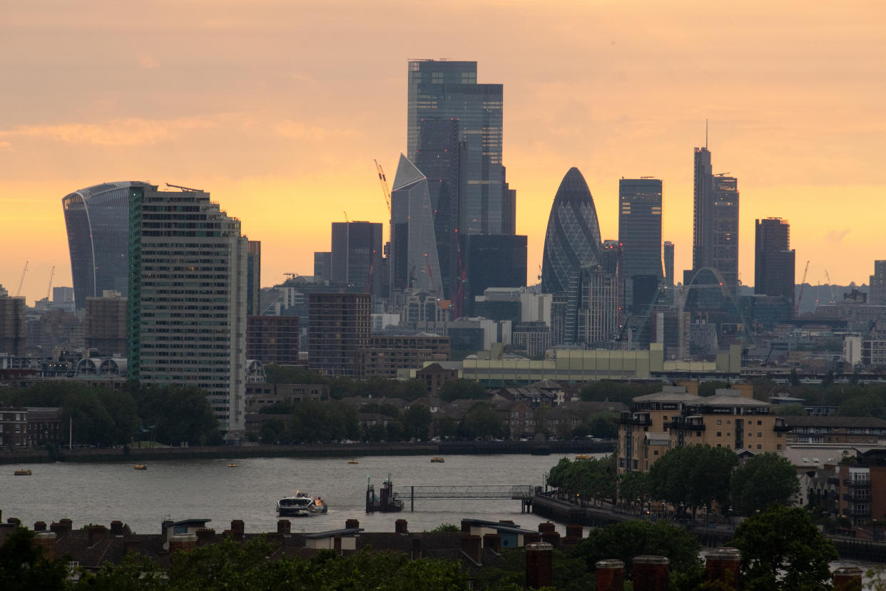 The London skyline at sunset as seen from Greenwich Park, London, showing skyscrapers in the City financial district. Wednesday could be the hottest day of the year so far as parts of the UK are set to bask in 30-degree heat. Picture date: Wednesday June 16, 2021. (Photo by Dominic Lipinski/PA Images via Getty Images)