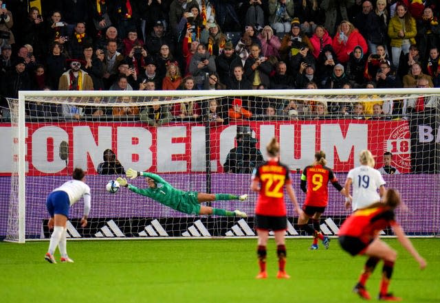 England goalkeeper Mary Earps is unable to stop Belgium’s Tessa Wullaert from scoring (Rene Nijhuis/PA)