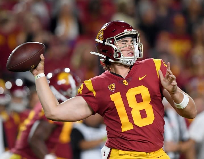 LOS ANGELES, CALIFORNIA - AUGUST 31: JT Daniels #18 of the USC Trojans makes a pass during the second quarter against the Fresno State Bulldogs at Los Angeles Memorial Coliseum on August 31, 2019 in Los Angeles, California. (Photo by Harry How/Getty Images) ** OUTS - ELSENT, FPG, CM - OUTS * NM, PH, VA if sourced by CT, LA or MoD **