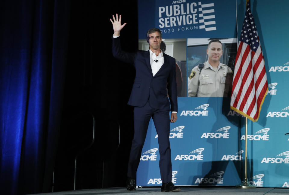 Democratic presidential candidate and former Texas Rep. Beto O'Rourke walks on stage during a public employees union candidate forum Saturday, Aug. 3, 2019, in Las Vegas. (AP Photo/John Locher)