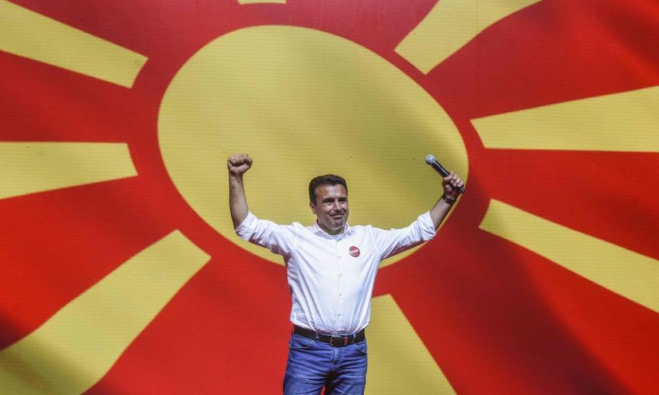 Zoran Zaev greets supporters during an election campaign rally in Skopje.