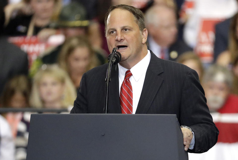 FILE - Scott Golden, chairman of the Tennessee Republic Party, speaks at a rally May 29, 2018, in Nashville, Tenn. “I know everybody’s focused on Iowa and New Hampshire,” said Scott Golden, chairman of the Tennessee GOP, who noted that early voting in his state begins in mid-February, before South Carolina is scheduled to hold its contest. "But it is worth taking a little time out to come to Tennessee.” (AP Photo/Mark Humphrey, File)