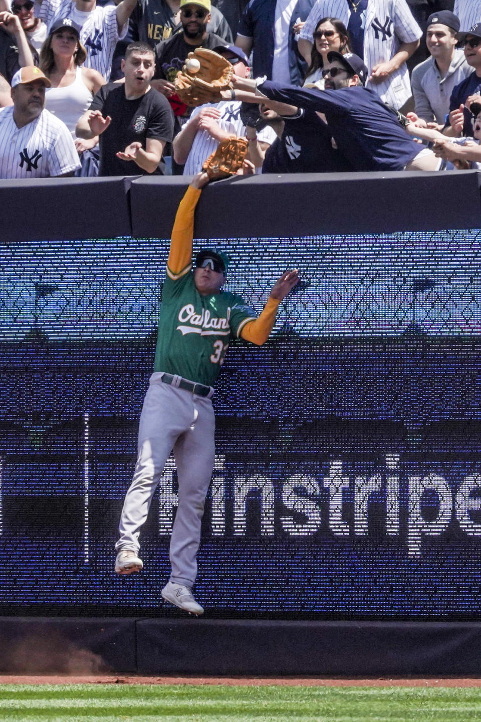 Oakland Athletics center fielder JJ Bleday leaps at the wall but is unable to catch a home run hit by New York Yankees' Harrison Bader during the first inning of a baseball game, Wednesday, May 10, 2023, in New York. (AP Photo/Bebeto Matthews)