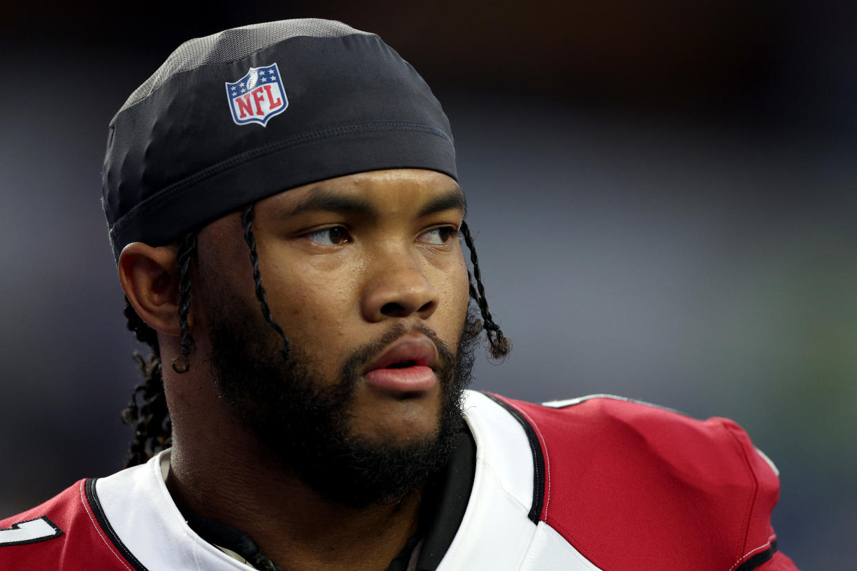 INGLEWOOD, CALIFORNIA - JANUARY 17: Kyler Murray #1 of the Arizona Cardinals looks on before the game against the Los Angeles Rams in the NFC Wild Card Playoff game at SoFi Stadium on January 17, 2022 in Inglewood, California. (Photo by Harry How/Getty Images)