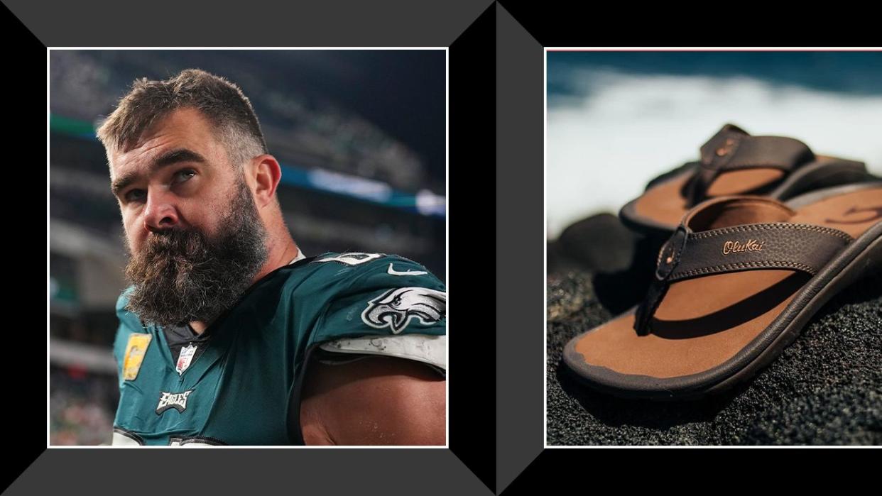 jason kelce, leather flip flops