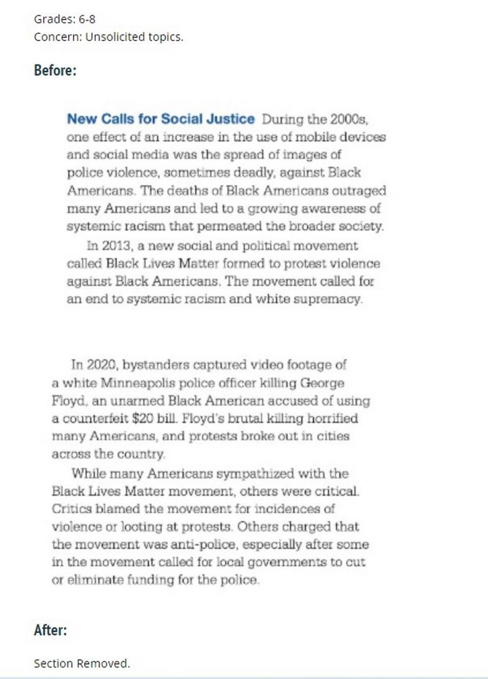 A publisher removed this passage from a middle school social studies textbook to comply with the Florida Department of Education’s initial approval list of the textbook. Critics have called the removal a whitewash of history. Screenshot