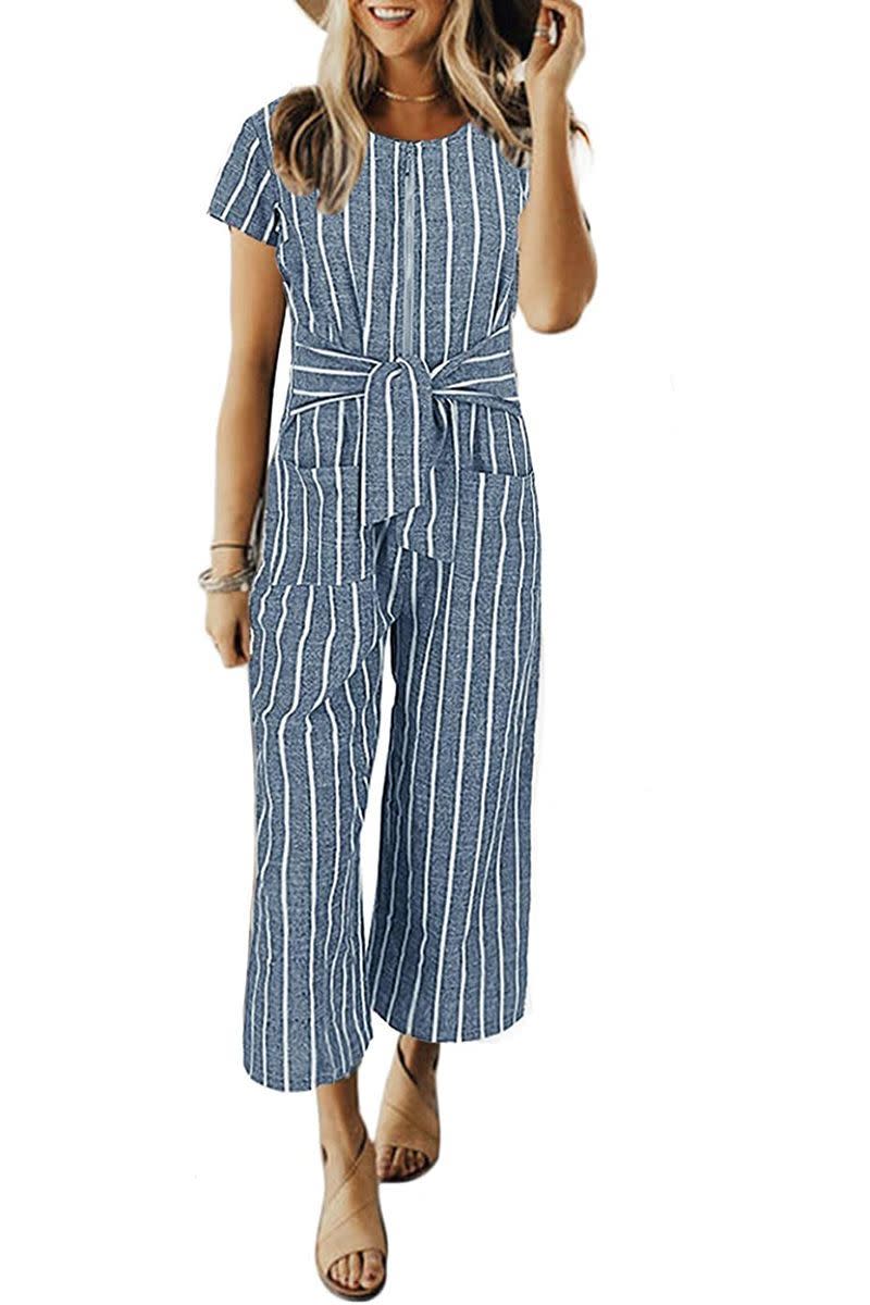 7) Striped Linen Short Sleeve Palazzo Jumpsuit