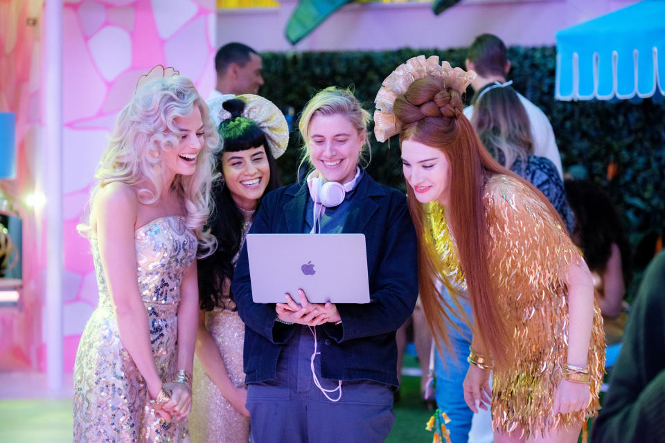 Greta Gerwig with cast on set of 'Barbie'