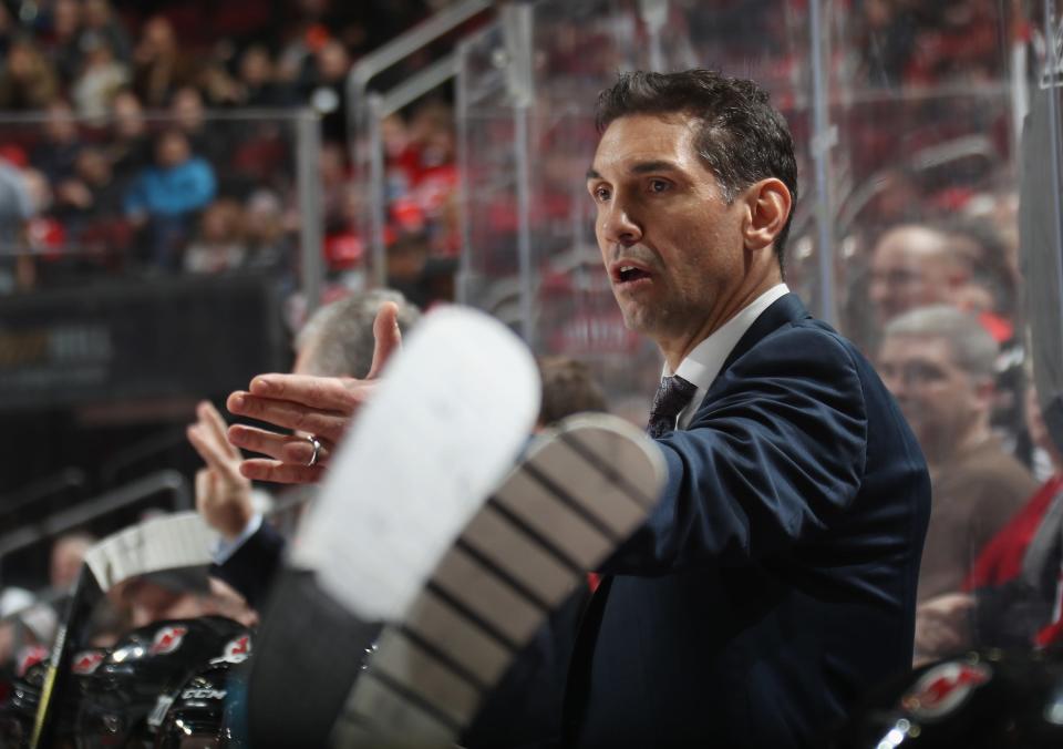 Alain Nasreddine, interim head coach of the New Jersey Devils, works the game against the Colorado Avalanche at Prudential Center on Jan. 4, 2020 in Newark, New Jersey.