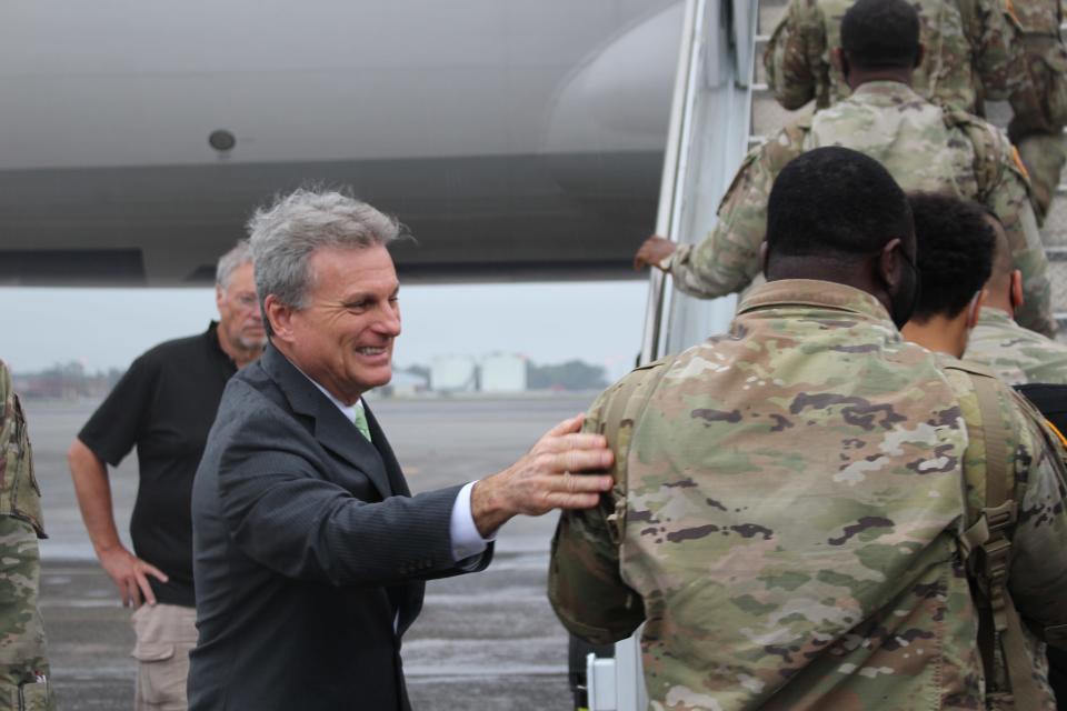 Rep. Buddy Carter (Republican-GA) sends off U.S. troops at the Hunter Army Airfield base as they prepare to deploy to Germany.