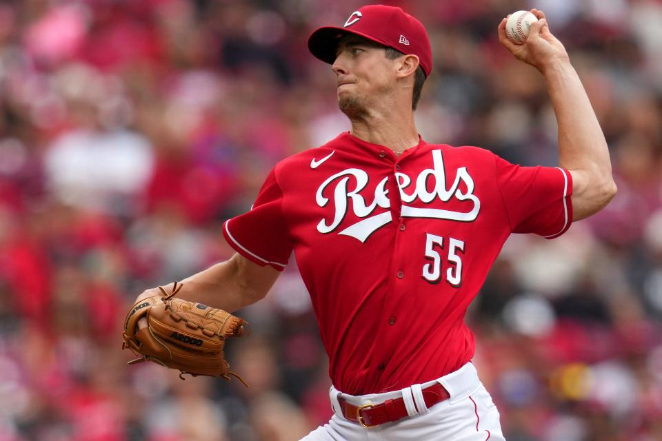 Cincinnati Reds starting pitcher Brandon Williamson (55) delivers in the first inning during a baseball game between the San Diego Padres and the Cincinnati Reds, Saturday, July 1, 2023, at Great American Ball Park in Cincinnati. 