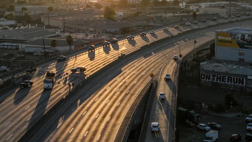 Los Angeles, CA, Monday, November 13, 2023 - Aerial views of the 10 Freeway days after a large pallet fire burned below, shutting the freeway to traffic. (Robert Gauthier/Los Angeles Times)