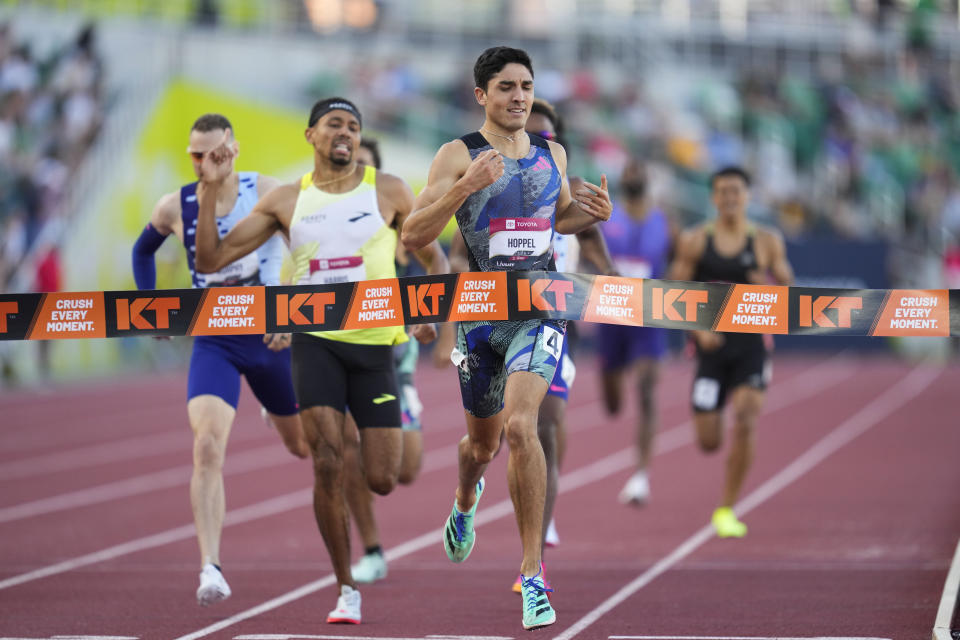 Bryce Hoppel wins the men's 800 meters final during the U.S. track and field championships in Eugene, Ore., Sunday, July 9, 2023. (AP Photo/Ashley Landis)