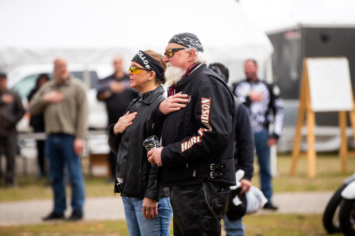 Hundreds of bikers from across the state gather as they pray for a safe riding season Sunday, April 30, 2023, at the Ottawa County Fairgrounds. 