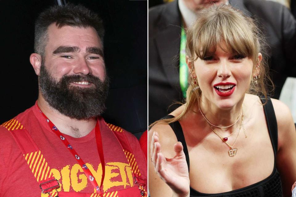 <p>AP Photo/Mark Von Holden, Harry How/Getty</p> Jason Kelce; Taylor Swift