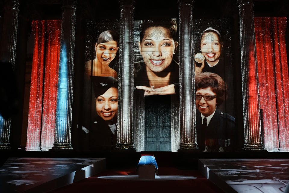 Image of U.S.-born entertainer, anti-Nazi spy and civil rights activist Josephine Baker is projected on the Pantheon monument during a ceremony in Paris, France, Tuesday, Nov. 30, 2021, where she is to symbolically be inducted, becoming the first Black woman to receive France's highest honor. Her body will stay in Monaco at the request of her family. (Thibault Camus/Pool Photo via AP)