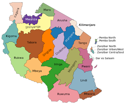 Map of Tanzania. <a href="https://upload.wikimedia.org/wikipedia/commons/1/18/Tanzania_regions.png" rel="nofollow noopener" target="_blank" data-ylk="slk:Gregor Aisch via Wikimedia Commons;elm:context_link;itc:0;sec:content-canvas" class="link ">Gregor Aisch via Wikimedia Commons</a>, <a href="http://creativecommons.org/licenses/by/4.0/" rel="nofollow noopener" target="_blank" data-ylk="slk:CC BY;elm:context_link;itc:0;sec:content-canvas" class="link ">CC BY</a>