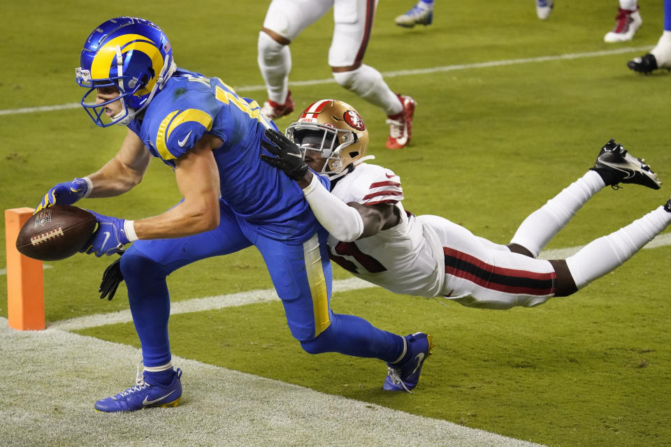 Los Angeles Rams wide receiver Cooper Kupp, left, cannot catch a pass in the end zone in front of San Francisco 49ers cornerback Emmanuel Moseley during the second half of an NFL football game in Santa Clara, Calif., Sunday, Oct. 18, 2020. (AP Photo/Tony Avelar)