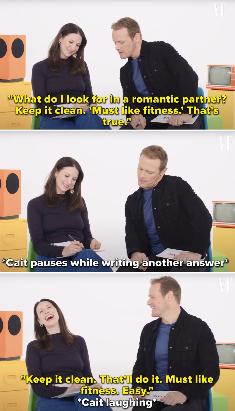 Caitriona and Sam talking and laughing