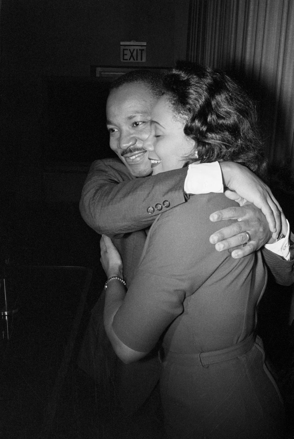 Dr. Martin Luther King, Jr. hugs his wife Coretta Scott King during a news conference following the announcement that he had been awarded the Nobel Peace Prize, in 1964.<span class="copyright">Bettmann Archive/Getty Images</span>