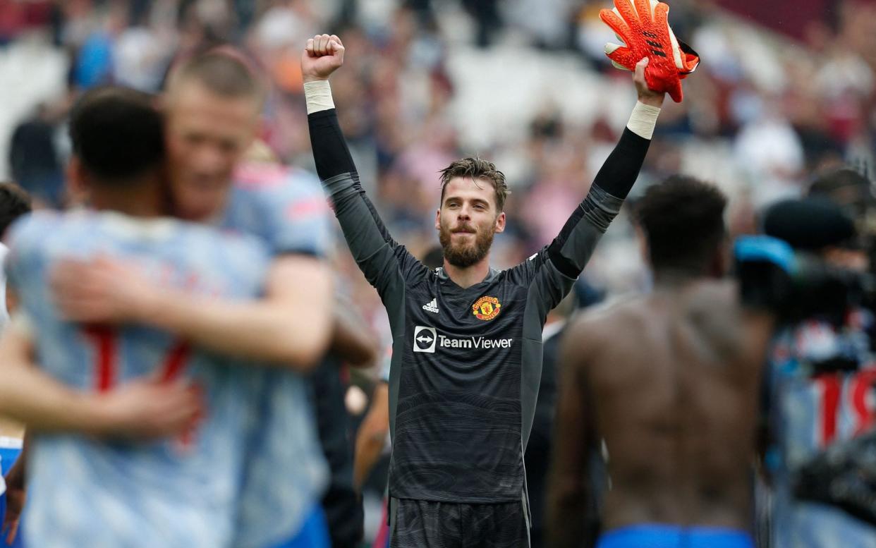 Manchester United's Spanish goalkeeper David de Gea celebrates on the pitch after the English Premier League football match between West Ham United and Manchester United  - AFP
