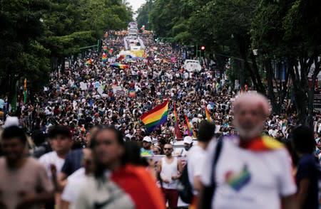 Thousands take part in the annual Gay Pride parade along a Central Avenue, in San Jose