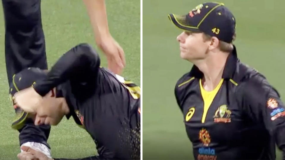 Steve Smith was filthy after dropping a difficult chance at point. (Images: Fox Sports)