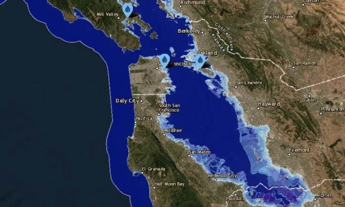 A screengrab from NOAA's Sea Level Rise Viewer tool showing the San Francisco area with 10 feet of sea level rise.