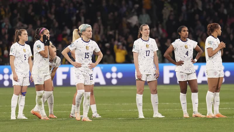 U.S. players react following their loss to Sweden in a penalty shootout during the Women’s World Cup Round of 16 soccer match in Melbourne, Australia, Sunday, Aug. 6, 2023.