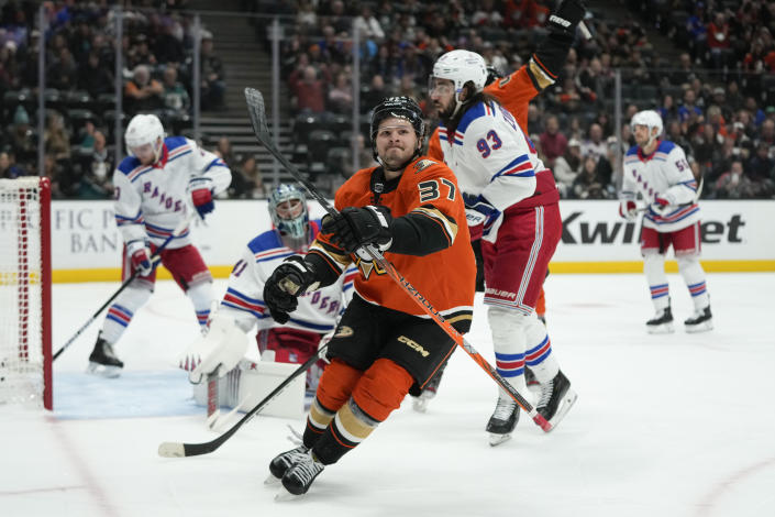 Anaheim Ducks' Mason McTavish (37) reacts after scoring against the New York Rangers during the first period of an NHL hockey game Wednesday, Nov. 23, 2022, in Anaheim, Calif. (AP Photo/Jae C. Hong)