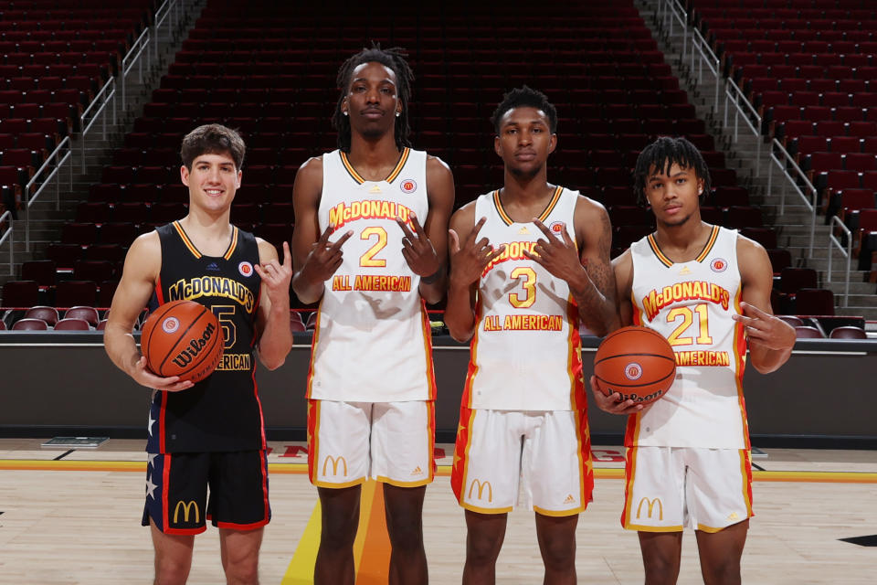 Reed Sheppard, Aaron Bradshaw, Justin Edwards and D.J. Wagner at the McDonald's All-American Game in March. They will lead a talented Kentucky team next season. (Brian Spurlock/Icon Sportswire via Getty Images)