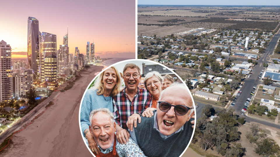 Cashed-up older Australians have been able to avoid interest pain, by selling up and purchasing without a mortgage. There's been a huge boom in Surfers Paradise (left) and Tara (right).